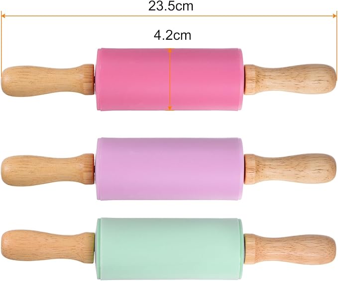 HARFINGTON 3pcs Silicone Rolling Pins for Baking 9.25 Inch Non-Stick Silicone Surface Wooden Handle Rolling Pin Small Roller Playdough Rolling Pins for Dough Pizza, Green/Red/Ppurple
