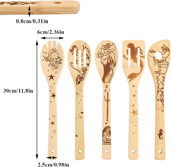 The Little Mermaid Organic Bamboo Spoons for Cooking Personalized Cartton Pattern Kitchen Burned Utensils Spatula Household Items Non-stick Kitchen Cookware Ideal Housewarming Present for Family
