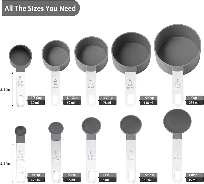 Measuring Cups and Spoons Set of Huygens Kitchen Gadgets 10 Pieces, Stackable Stainless Steel Handle Measuring Cups for Measuring Dry and Liquid Ingredient (Gray)