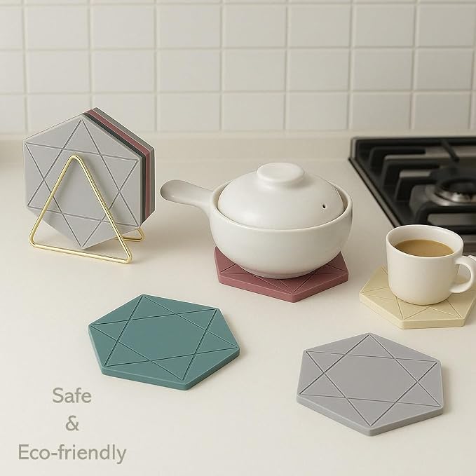 Silicone Hexagon Trivet Mats, 4-Pack – Heat-Resistant Hot Pads for Pots, Pans & Dishes – Flexible Non-Slip Kitchen Mats for Countertop, Coasters & Spoon Rests
