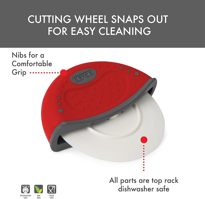 Dexas One-Handed Rolling Pizza Cutter, 4 Inch Nylon Wheel, Ergonomic Handheld Pizza Slicer, Red