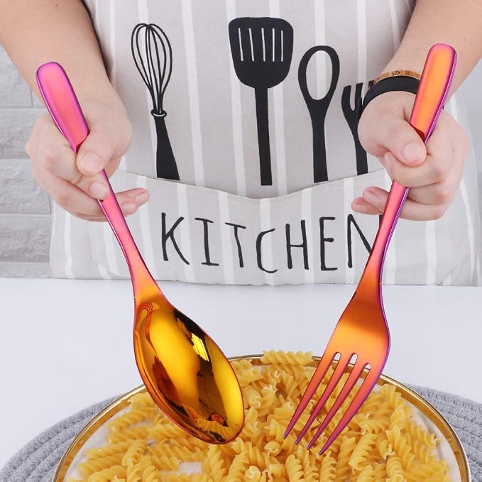 Long Handle Serving Set, 10 inch Stainless Steel Polished Serving Spoon, Fork, Slotted Spoons, Set of 3 (Multi)