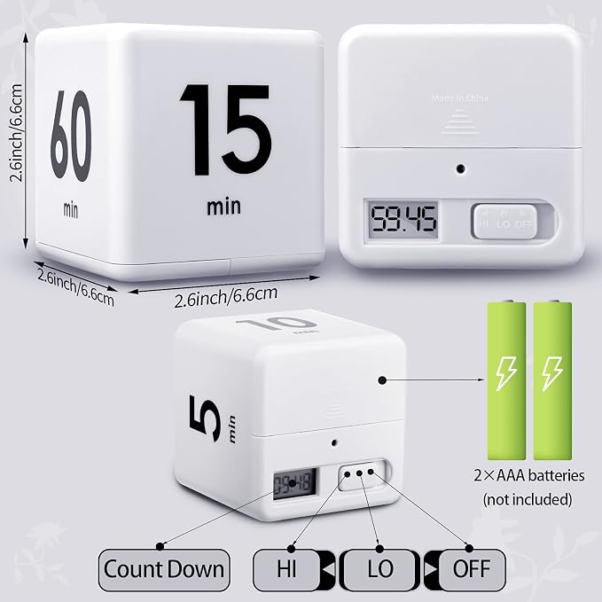 Weewooday 2 Pieces Cube Productivity Timer Flip Gravity Sensor Flip Countdown Countup Workout Timer Management 1 3 5 10 Minutes and 15 20 30 60 Minutes for Back to School Work Kitchen(White, Black)