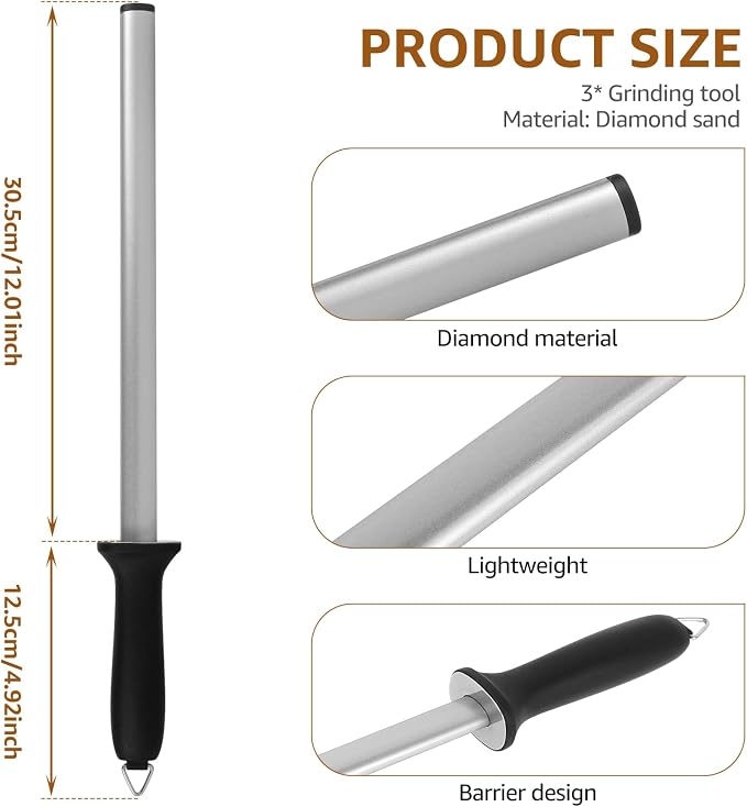 3 PCS Diamond Sharpening Steel, 12 Inch Premium Diamond Honing Steel, 1000 Grit Portable Knife Sharpener Rod for Sharpening Kitchen Knives or Home Gourmet Blade, Professional Chef Honing Rod