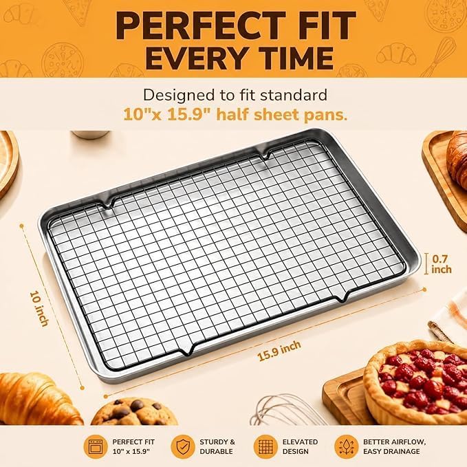 Cooling Rack Set of 1, 10" x 16" No Warp Heavy Duty Stainless Steel Baking Rack - Fits Half Sheet Pan, Oven Safe 575°F,for Baking, Roasting & Dehydrating, Dishwasher Safe
