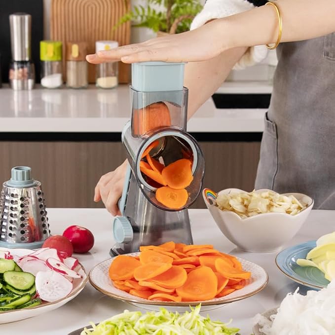 Cheese Grater Hand Crank Rotary Vegetables Shredder with Handle | 3-in-1 Graters, Interchangeable Blades, Non-slip Base, Multifunctional Slicer