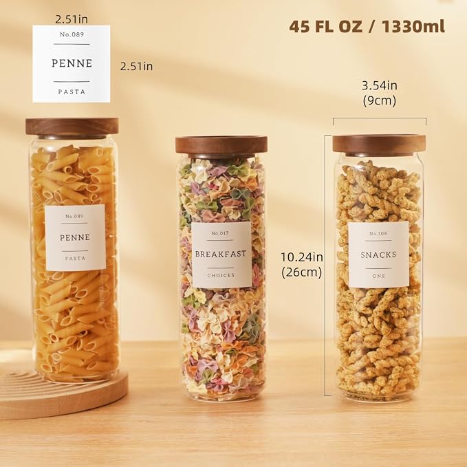 3 Pack Glass Canisters with Airtight Acacia Lids and 132 Kitchen Pantey Labels Preprint - 45 Fl Oz Borosilicate Glass Pantry Storage Jars Containers with Wooden Lids for Tea,Sugar,Cookie,Coffee,Nuts
