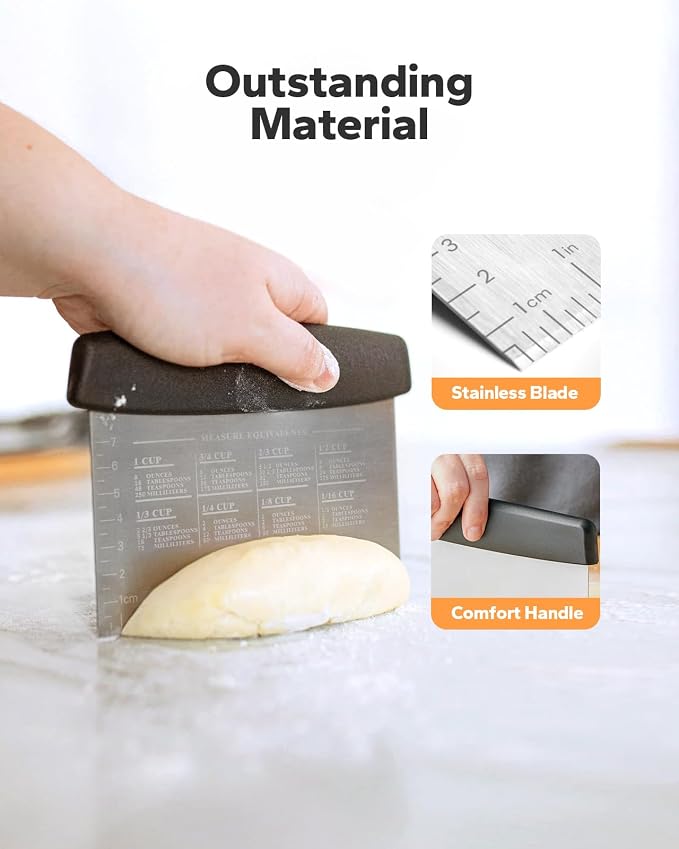 Leaburry Bench Scraper (2 Count), Multi-Purpose Pastry Cutter Tool Dough Scraper for Baking, Stainless Steel Pastry Scraper Dough Cutter with Contoured Grip, Measuring Scale and Conversion Chart