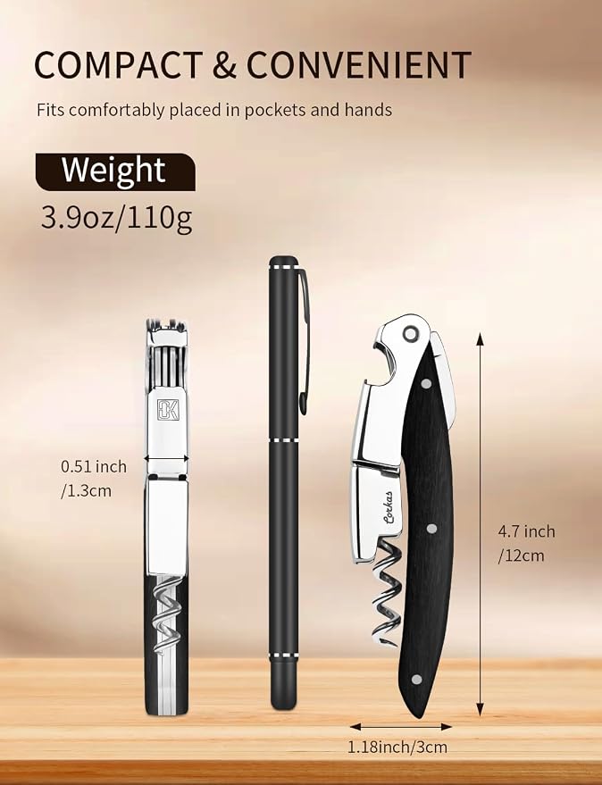 Wine Key - CORKAS Prestige Waiter Corkscrew with Ebony Handle, Handcrafted Wine Opener Manual with Double Hinged, Foil Cutter and Bottle Opener, Ideal Gifts for Sommelier, Bartenders, Servers