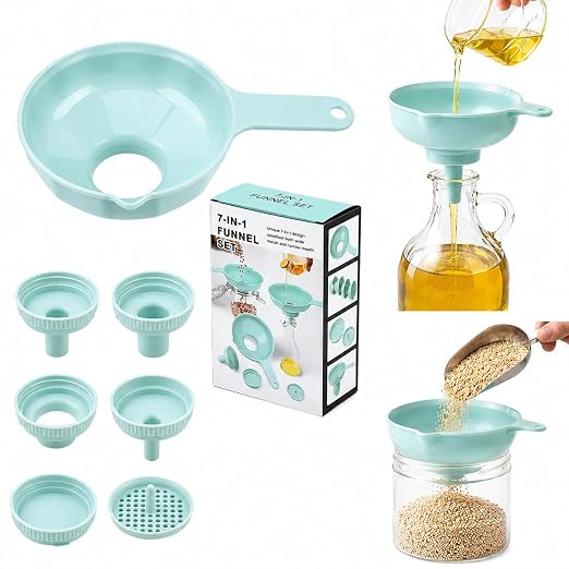 Wide Mouth Kitchen Funnel Set for Filling Bottles | 7-in-1 Kitchen Funnel Set, Large Funnel with 4 Size Spouts and 2 Strainers, Plastic Funnels for Liquid Cereal Transfer