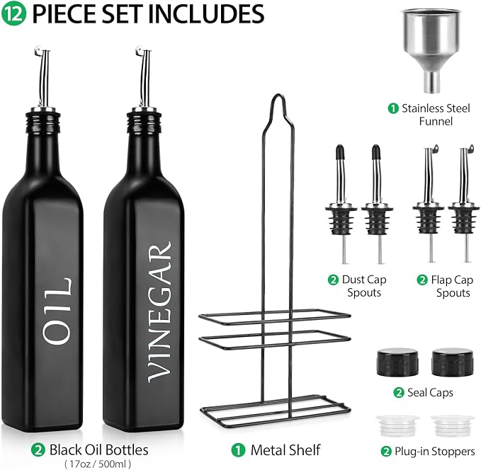 2 Pieces Oil and Vinegar Dispenser Set,Black & White Olive Oil Bottle Dispenser with Caddy Holder and Stainless Steel Spout,17oz Cute Vintage Glass Cruet Set for Farmhouse Kitchen（BLACK）