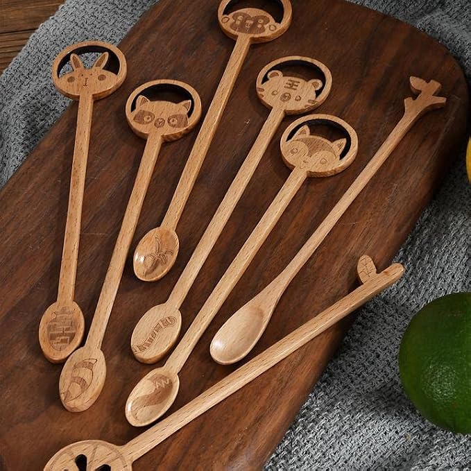 6 Pack Wooden Iced Tea Spoons Small Stirring Spoon Long Handle Wood Coffee Mixing Spoons Tea Spoon Beverage Stirrer (Rabbit Design)
