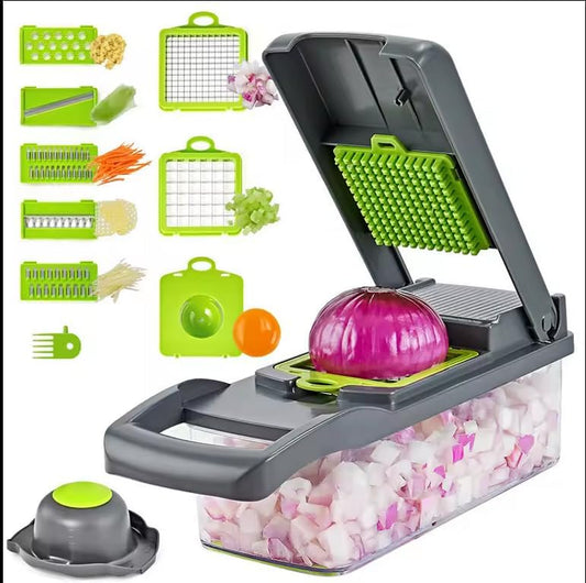 Pro Multifunctional Vegetable Chopper - 16 in 1 Food Chopper With 8 Blades, Slicer, Dicer, Cutter for Onions, Carrots, Garlic - Container Included