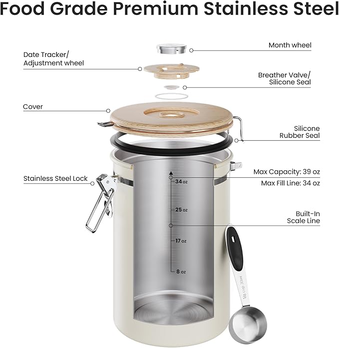 Veken Coffee Canister,39OZ, 2.2lbs,Large Airtight Stainless Steel Container | Gifts, Kitchen Food Storage Jars for Beans, Ground, Espresso, Rice, Tea, Sugar, Cereal, Cookie, Lids,Scoop,Cream