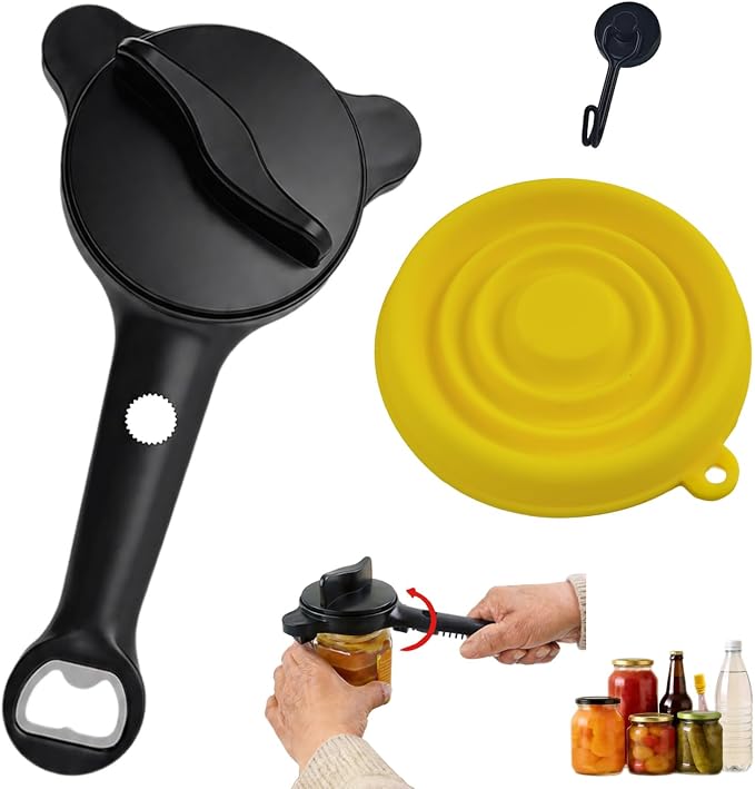 Jar Opener for Weak Hands, Seniors with Arthritis, 4-in-1 Multi-Purpose Lid Opener Includes Magnetic Hook & Rubber Gripper for Jars, Bottles and Beer Caps (Black)