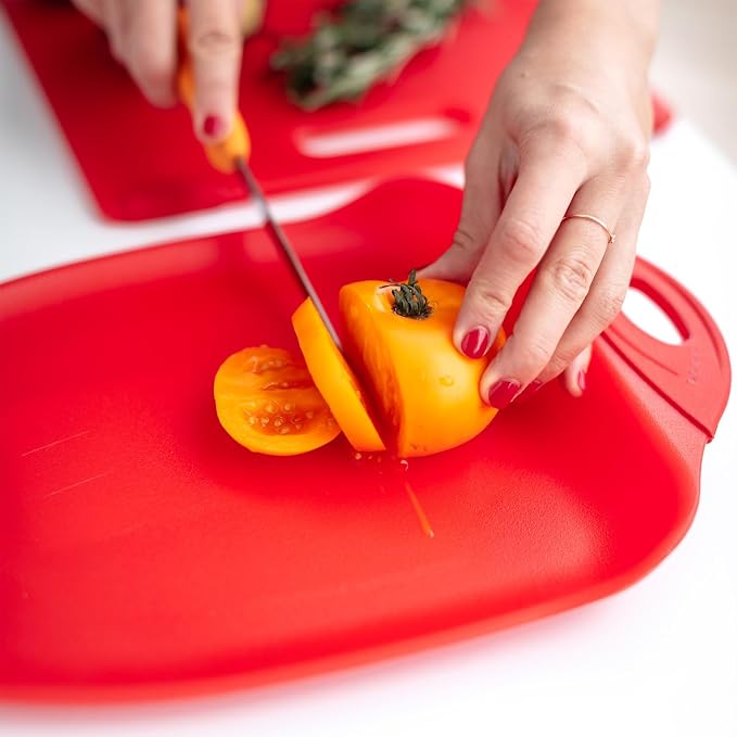 Dexas Chop & Scoop Cutting Board, 9.5 x 13 Inch, Solid Red, BPA-Free Dishwasher Safe Kitchen Prep Board with Handle
