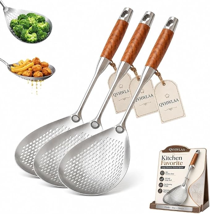 Wooden Handle Stainless Steel Skimmer, 16.8 Inch Metal Slotted Frying Spoon Spider Strainer for Deep Frying, Deep Fryer Scoop Ladle Kitchen Cooking Colander with Walnut Wood Handle(3pc)