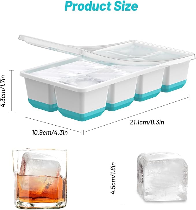 VEHHE Large Square Ice Cube Trays, 3 Pack Easy to Clean Ice Molds with Lid, Easy Release and Flexible Silicone 24-Ice Cube Molds (Blue)