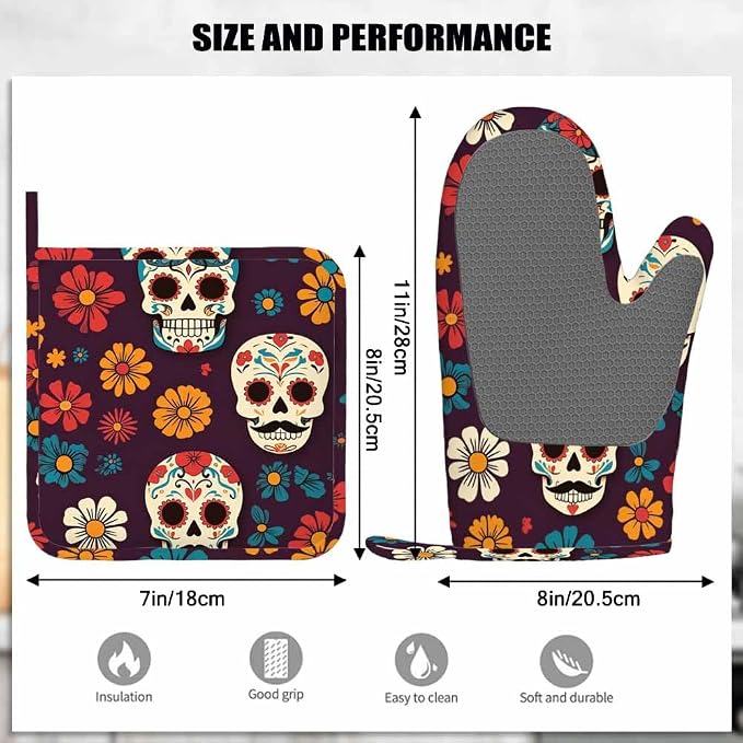 Mxocom Day of The Dead Oven Mitts and Pot Holders Sets Sugar Skulls and Flowers Seamless Pattern on Dark Background Silicone Heat Resistant Kitchen Oven Gloves Pot Holder for Cooking