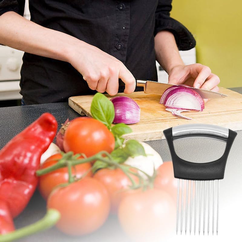 Onion Holder for Slicing, 2024 New Stainless Steel Onion Slice Holder Vegetable Slicer Cutter, Kitchen Chopper Slicing Assistant Tool for Onion Lemon Potato and Tomato (3 PCS)