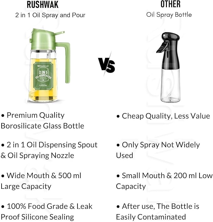2 in 1 Oil Sprayer & Dispenser 500ml Glass Bottle for Cooking, Air Fryer, Salad, BBQ, Roasting