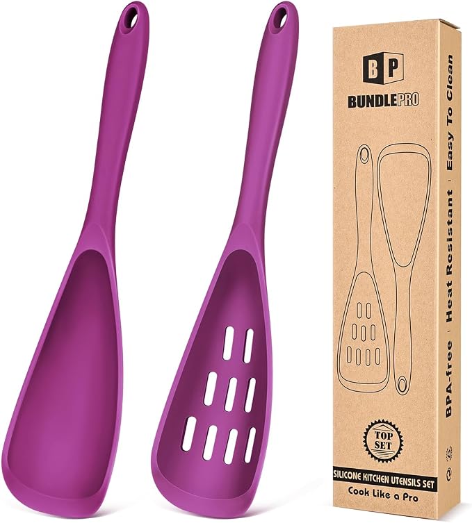 Pack of 2 Cooking Spoons for Non Stick Cookware, Multifunction Spatula Spoon BPA-Free, One-Piece Design, Suitable for Scooping, Scraping, Serving and Mixing (PURPLE)