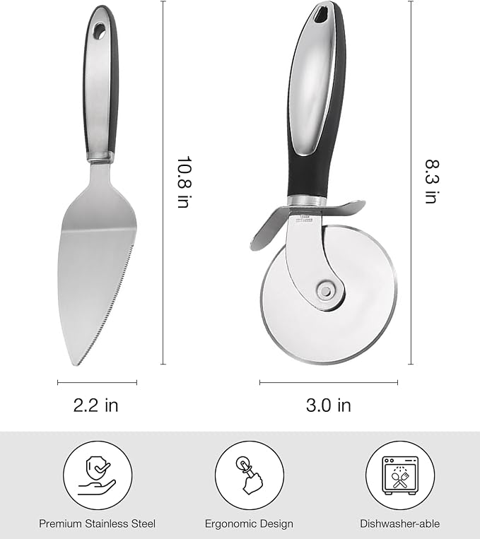Pizza Cutter Wheel & Pie Server Set of 2, Stainless Steel Slicer with Sharp Blade and Ergonomic Handle, Shovel Server with Serrated Edges for Pizza, Pie, Cake