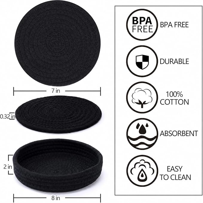 Coga Trivets for Hot Dishes, 5 Pack 7 Inch Cotton Hot Pads for Kitchen with Storage Basket, Round Pot Holders for Kitchen, Heat Resistant Mats for Countertop, Pots and Pans, Farmhouse Decor, Black