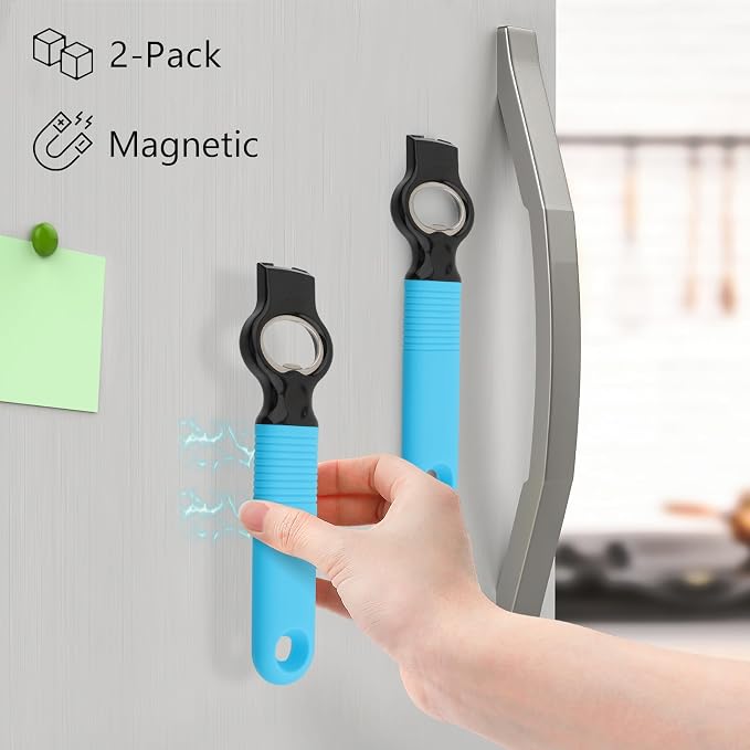 2-Pack Magnetic 2-in-1 Beer Bottle Cap & Soda Can Opener-Blue | Soft Silicone Handle with Built-in Magnet Sticks to Fridges / Easy Can Tab Opener for Bartenders, Seniors, and Long nails