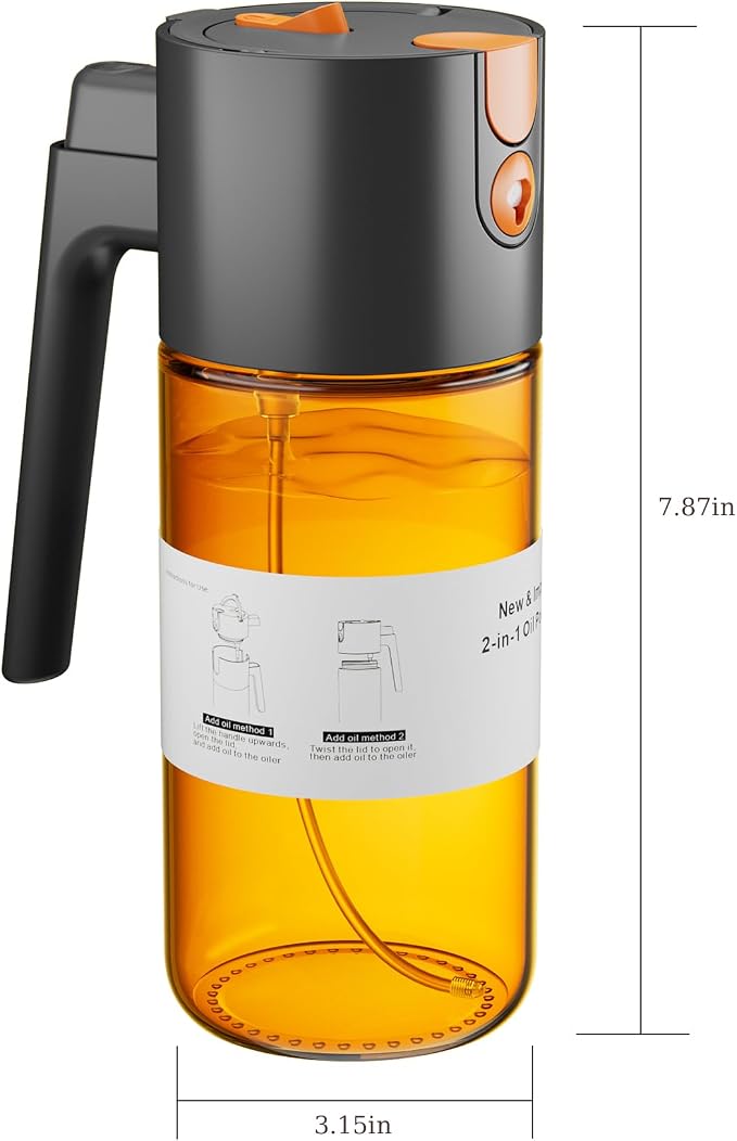 LAKUMIQI 2 in 1 Oil Sprayer for Cooking, 17oz | Light-Blocking Glass Spray Bottle with Stickers, Oil Dispenser for Salad, Air Fryer & BBQ