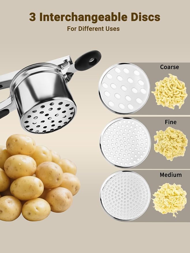 Potato Ricer, Heavy Duty Stainless Steel Potato Masher and Ricer for Mashed Potatoes, Kitchen Gadget for Mashed Potatoes with 3 Interchangeable Discs