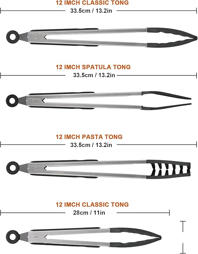 4in1 Stainless Steel Kitchen Food Tongs Set for Cooking with Silicone Tips, Toaster Steak Pie Pizza Pasta Spaghetti Noodles Salad Fruit Vegetable Grill BBQ Buffet Clamp Serving Tools Gadgets