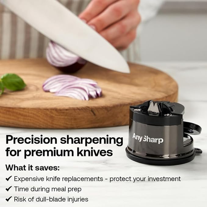 AnySharp – CHEF – Hands Free Knife Sharpener - Easy to Use Sharpening Tool with PowerGrip Suction Base and 20-Degree Pre-set Angle - For All Knives: Chef’s, Serrated, and Hardened Steel - Wolf