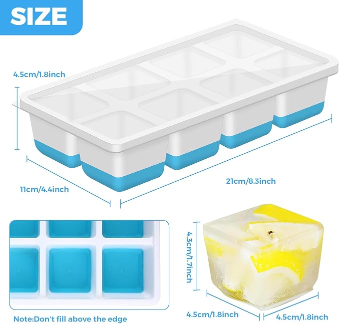 Large Ice Cube Tray, 2 Pieces Silicone Ice Cube Tray with Lid for Whiskey, Cocktails, Beer, Wine, Refrigerated Drinks, BPA Free, Stackable Reusable (Green + Blue)