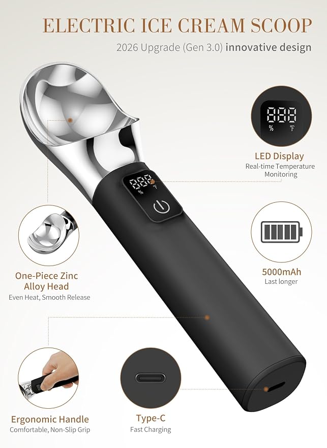 Heated Ice Cream Scoop Rechargeable, Electric Ice Cream Scoop for Hard Icecream and More with LED Display, Self-Warming Heats To 158℉, IP67 Waterproof Easy To Clean, Ideal Kitchen Gifts (Black)