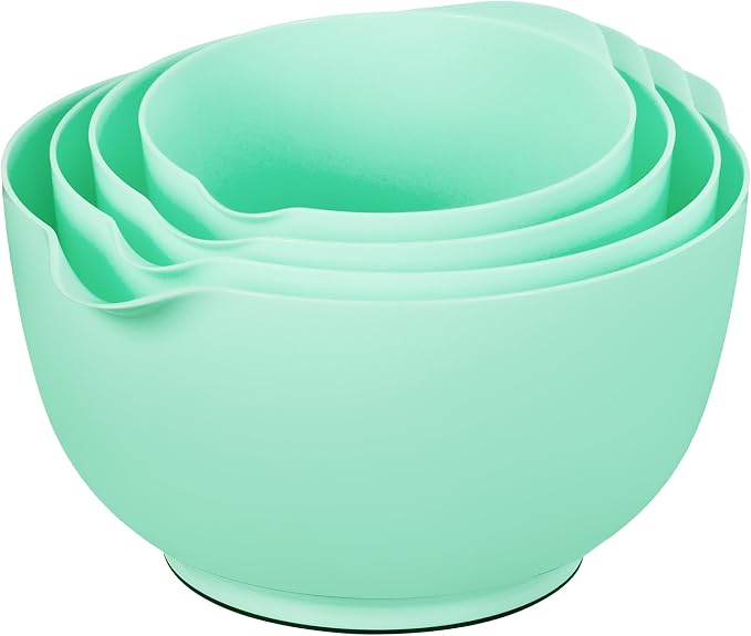 BoxedHome Mixing Bowls Set of 4, BPA Free Plastic,Microwave Safe, Green | 4.5/3.5/2.5/1.7 quarts,Non-slip Base Large Nesting Bowl with Pour Spout, Dishwasher Safe, for Prep, Cooking,Baking