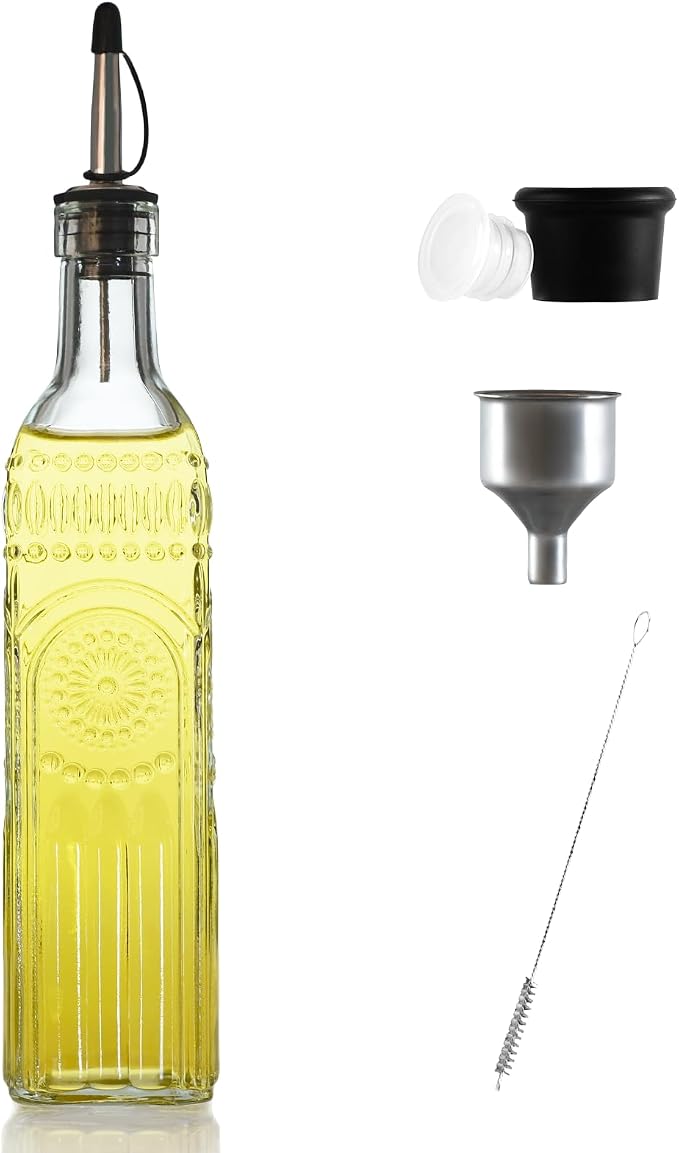 1-Pack Glass Oil Dispenser 500ML/17OZ, Vinegar Bottle with Stainless Steel Pourer, Brush, Funnel, Seal Cap (Sunflower)