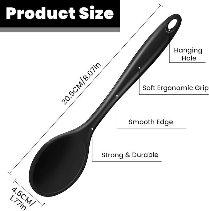 GEEKHOM Silicone Cooking Spoons, 4 Pieces 8" Heat Resistant Silicone Kitchen Utensils Set Serving Stirring Spoons for Non Stick Cooking, Mixing, Basting, Baking, Black+Red+Gray+Blue