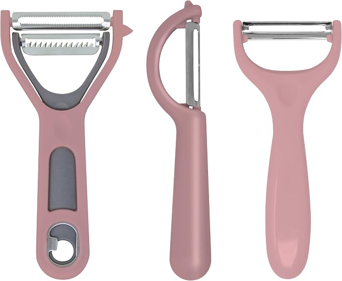 Vegetable Peeler 3-Piece Set – Swivel Cutter, Y-Shaped Slicer, and Julienne Peeler with Bottle Opener and Built-in Eye Remover – Stainless Steel Blade with Comfortable Handle for Kitchen – Pastel Pink