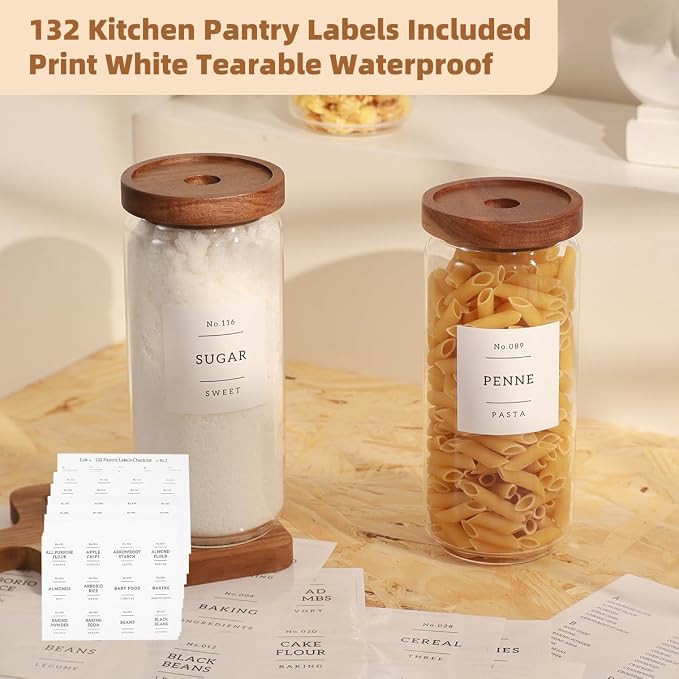 3 Pack Glass Canisters with Airtight Acacia Lids and 132 Kitchen Pantey Labels Preprint - 36 Fl OZ Borosilicate Glass Pantry Storage Jars Containers with Wooden Lids for Tea,Sugar,Cookie,Pasta,Candy