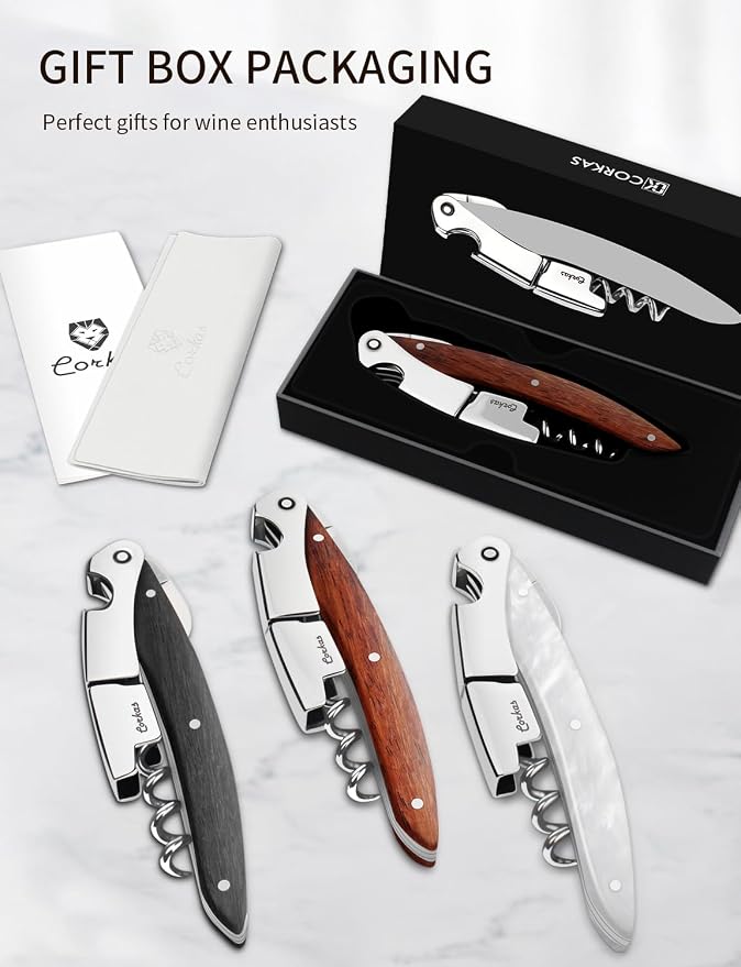 Wine Key - CORKAS Prestige Waiter Corkscrew with Rosewood Handle, Handcrafted Wine Opener Manual with Double Hinged, Foil Cutter and Bottle Opener, Ideal Gifts for Sommelier, Bartenders, Servers