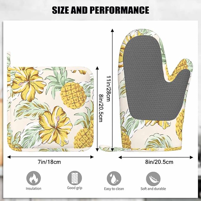 Mxocom Yellow Pineapples Oven Mitt and Pot Holder with Silicone Hibiscus Flowers Green Palm Leaves Summer Tropical Beach Floral Heat Resistant Kitchen for Cooking BBQ Baking Grilling Spring/Summer