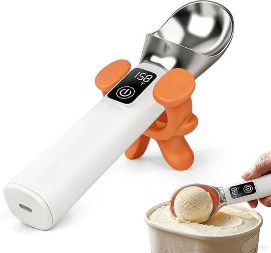 Electric Heated Ice Cream Scoop with Stand, 5000mAh Rechargeable Ice Cream Scooper for Hard Frozen Desserts, 158℉ Fast Melting & Smart LED Display, IP67 Waterproof Anti-Freeze Spoon, Perfect Gift