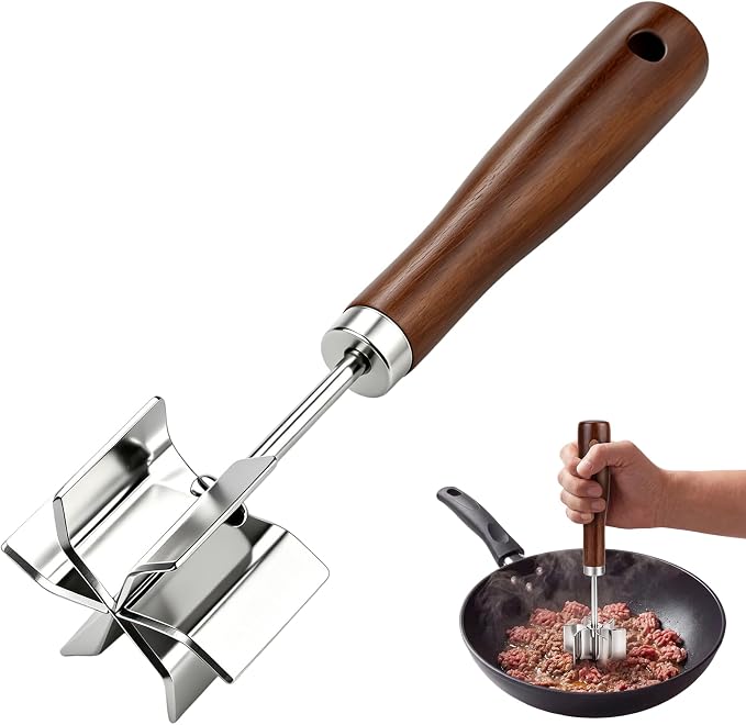 Stainless Steel Meat Chopper, 6 Curve Blades Beef Masher with Wooden Handle | 9.25 Inch Potato fruits Masher and tenderizes meat Hamburger Smasher, Mix and Chop Kitchen Tool for Taco Meat