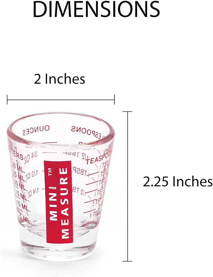 Kolder Mini Measure Multi-Purpose Shot Glass, Heavyweight Glass, Red, Set of 3, For Liquid And Dry Ingredients And Precise Recipe Prep
