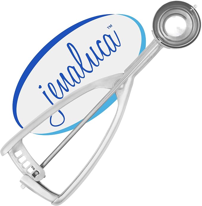 Jenaluca Medium Cookie Scoop, 18/8 Stainless Steel, 1.5 Tbsp, Size #50 | Disher for 2.5-inch cookies & mini cupcake batter. Squeeze release handle. Right and left handed use. Dishwasher safe.