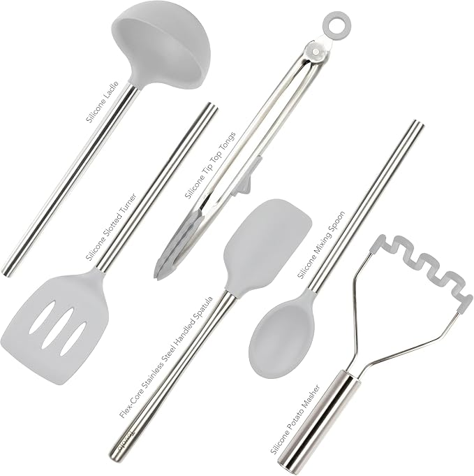 Tovolo Silicone Cooking Utensil Set of 6 Stainless Steel Handle Ladle Slotted Turner Tongs Flex Core Spatula Scraper Mixing Spoon & Potato Masher, Dishwasher Safe BPA Free Utensils, Oyster Gray