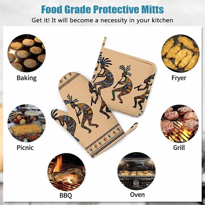 Mxocom Kokopelli Oven Mitt and Pot Holder with Silicone Stylized Mythical Characters Playing Flutes Heat Resistant Kitchen for Cooking BBQ Baking Grilling Spring/Summer