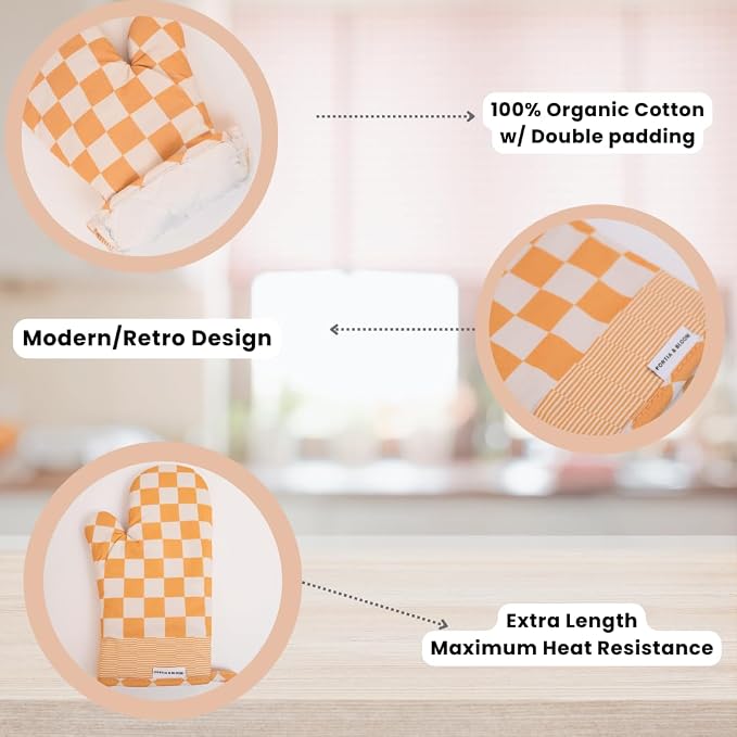 Portia & Bloom Oven Mitts Heat Resistant 12" x 5.5" or Silicone Oven Mitts, Cotton Oven Mits, Oven Mits/Glove Set or Cute Kitchen Mittens, Kitchen Oven Mitt Set (Yellow)