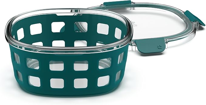 Ello Duraglass 7 Cup Glass Meal Prep Container with Lid, Teal | 7 cup glass meal prep container with silicone sleeve, leakproof BPA-free lid, microwave, freezer and dishwasher safe